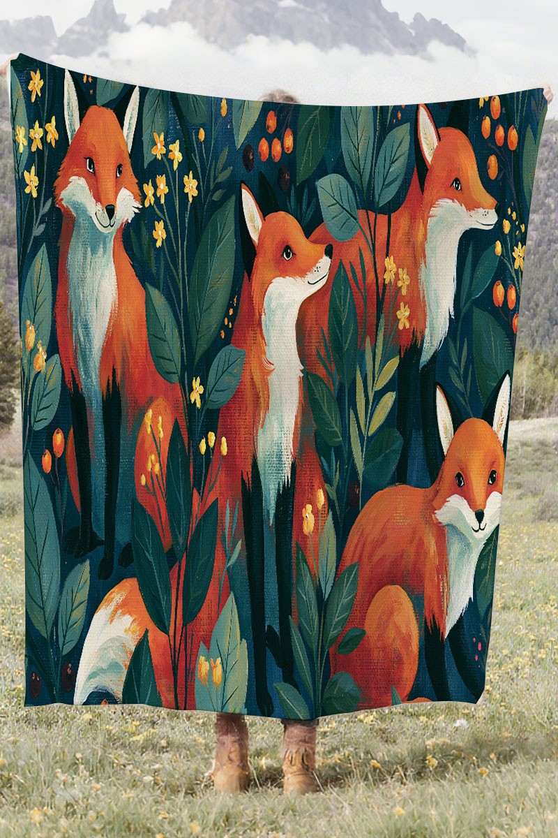 Fox Forest Floral Coral Fleece Cozy Throw Blanket Boho Cute