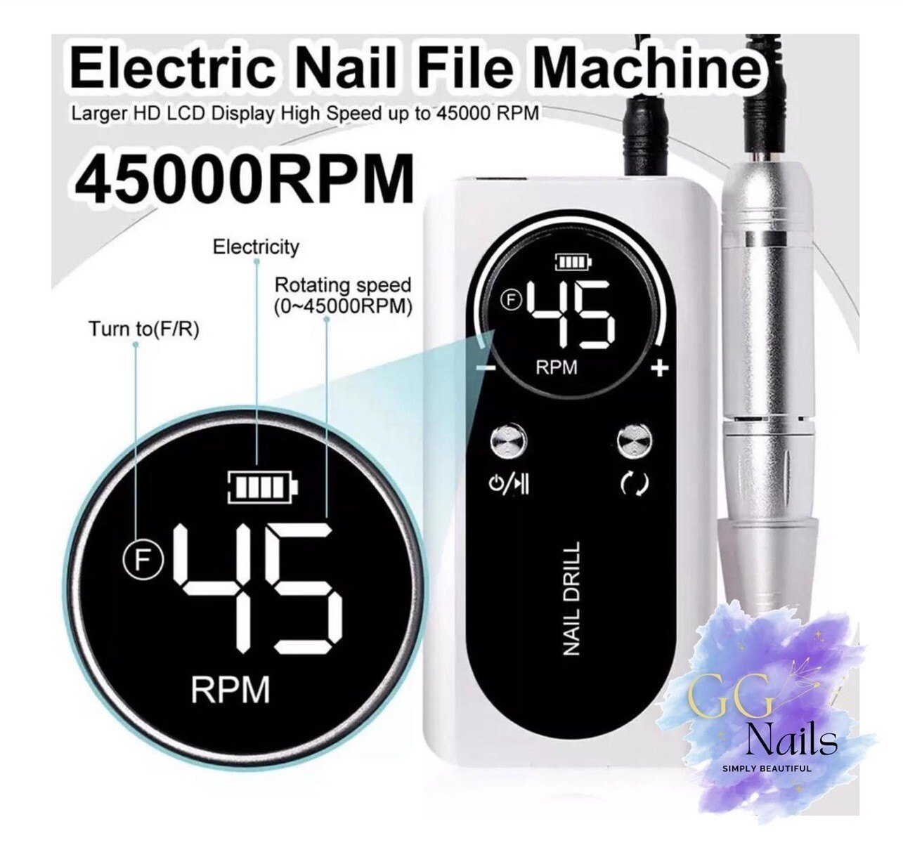 Rechargeable Nail 💅🏼Drill Device 45000 RPM with LCD Low Noise Accessory 2024