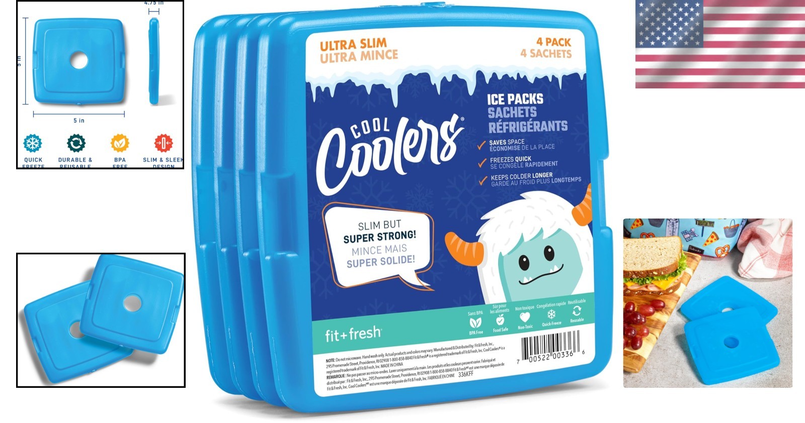Fit + Fresh 4 Pack Slim Ice Packs - Space-Saving & Reusable Cooling Solution