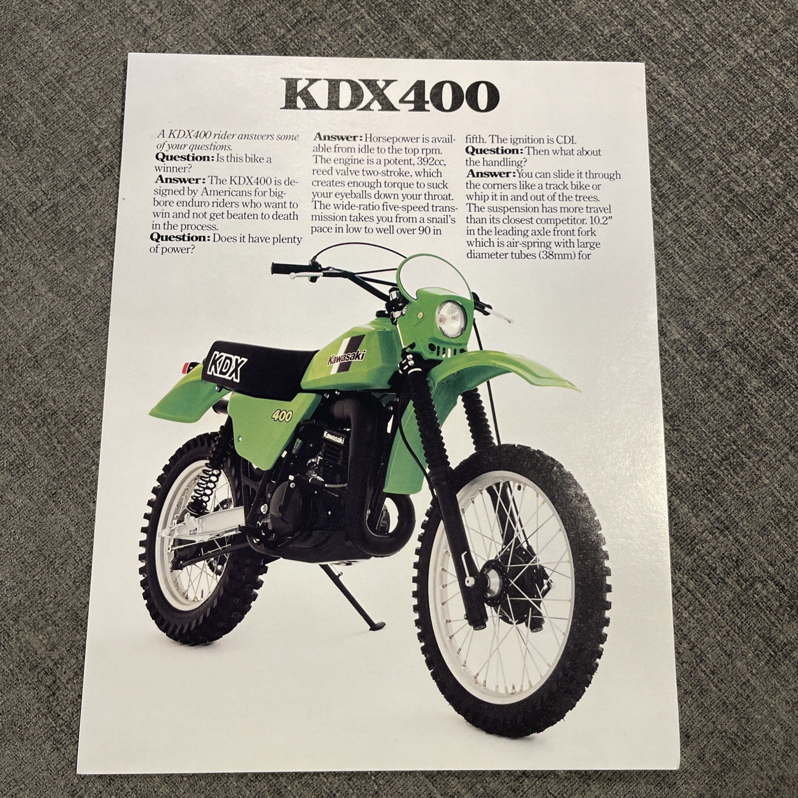 1980 Kawasaki KDX400 Motorcycle Dirt Bike 1-page Vintage Brochure Spec Sheet