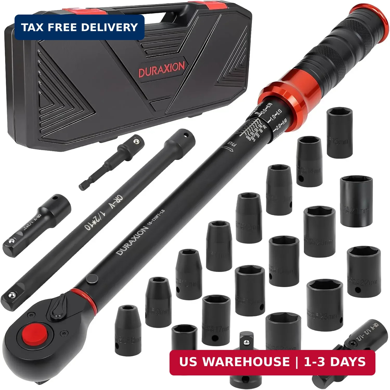 23PCS 1/2-Inch Drive Torque Wrench Set, 10-170FT.LB/13.6-230.5Nm, 1/2 Drive Clic
