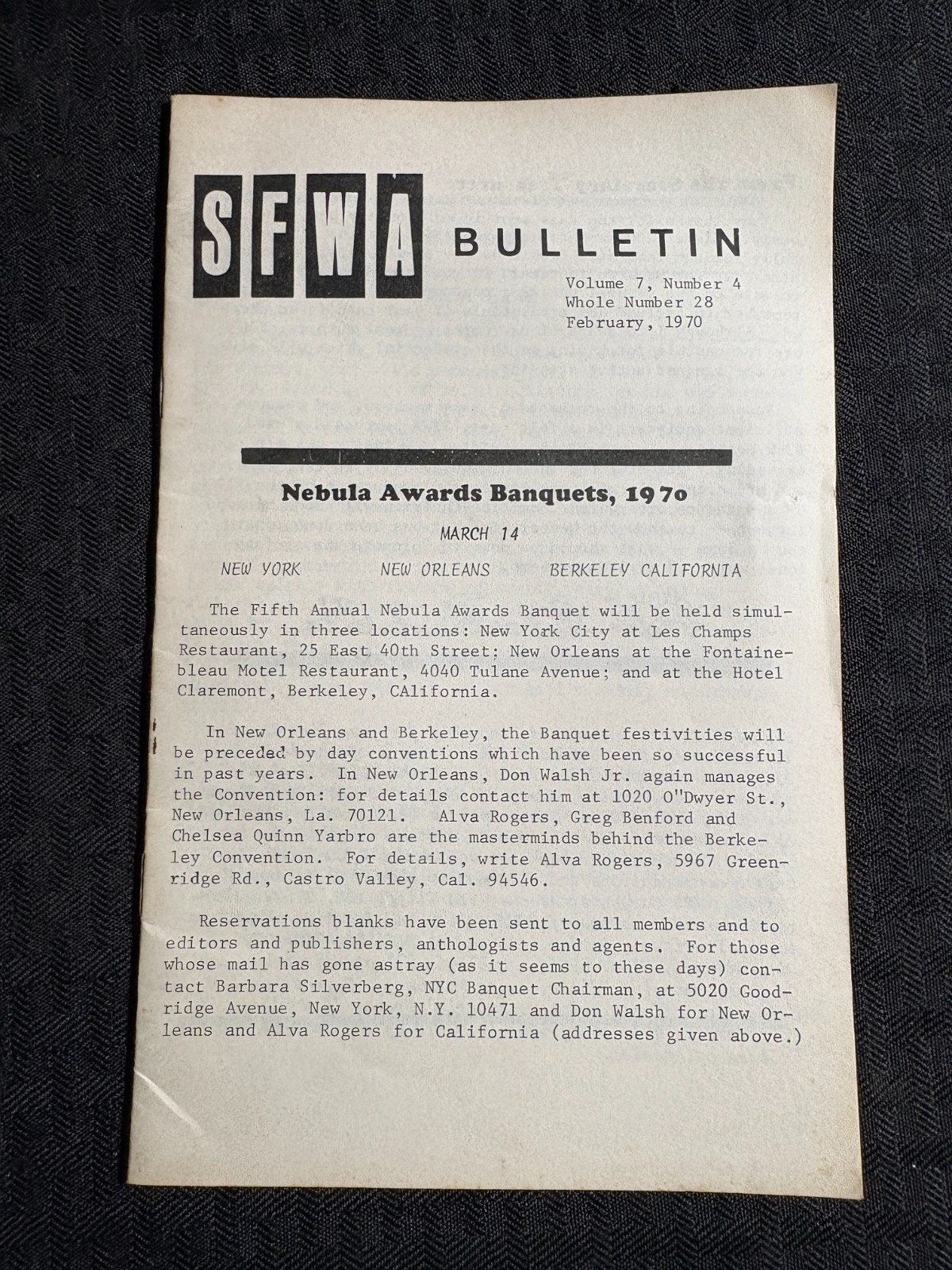 1970 SFWA 20pg Bulletin Fanzine VG/FN 5.0 Sci-Fi Nebula Awards Banquet 5.5x8.5"