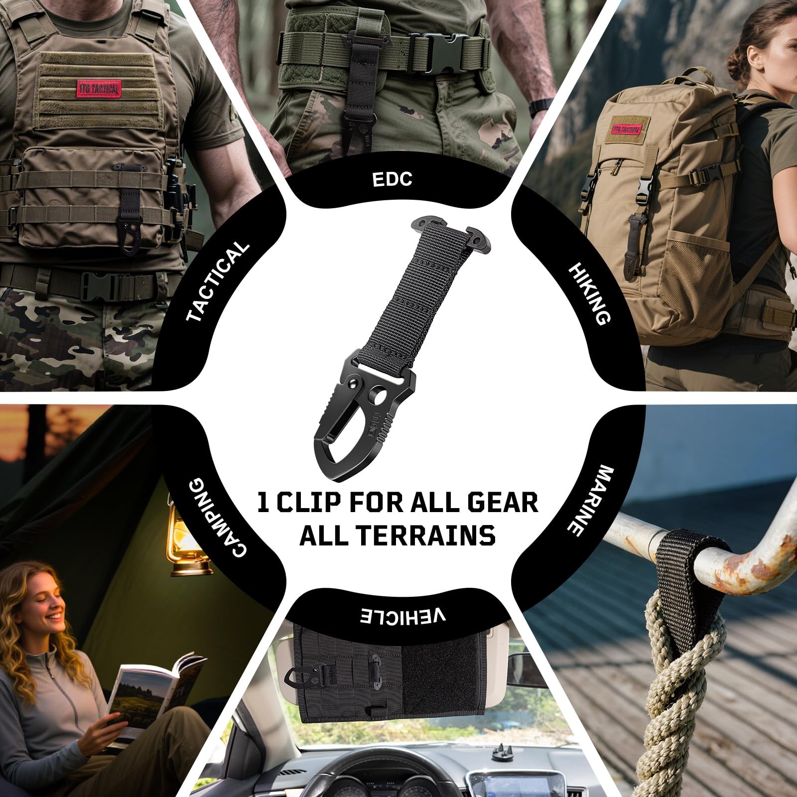 Tactical MOLLE Clip with Quick-Release Metal Hook & Nylon Webbing Black