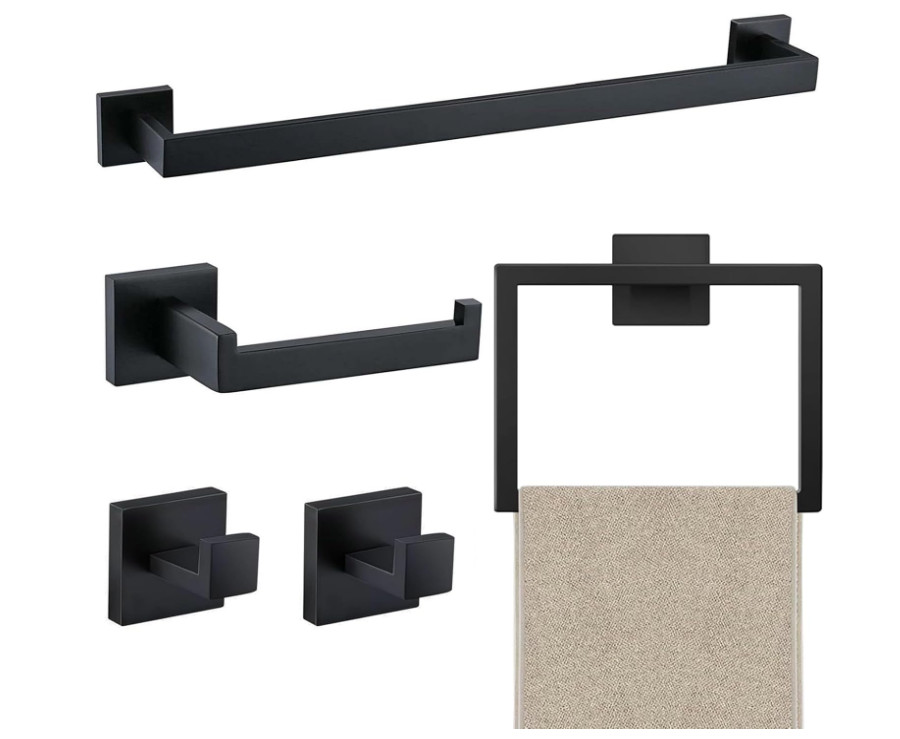 Set baño 5 piezas acero negro mate, barra 60 cm pared resistente. NUEVO