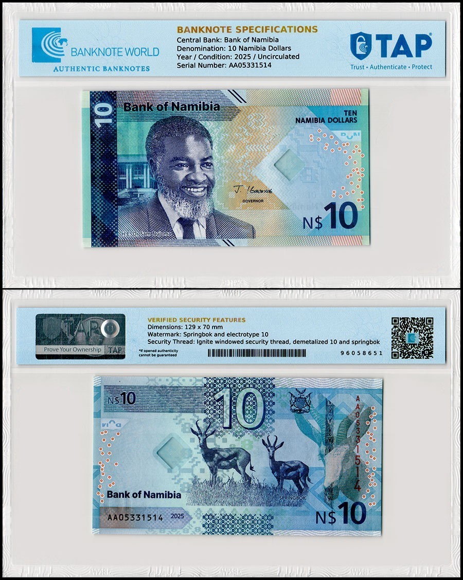 Namibia 10 Namibia Dollars, 2025, P-20, UNC, TAP Authenticated