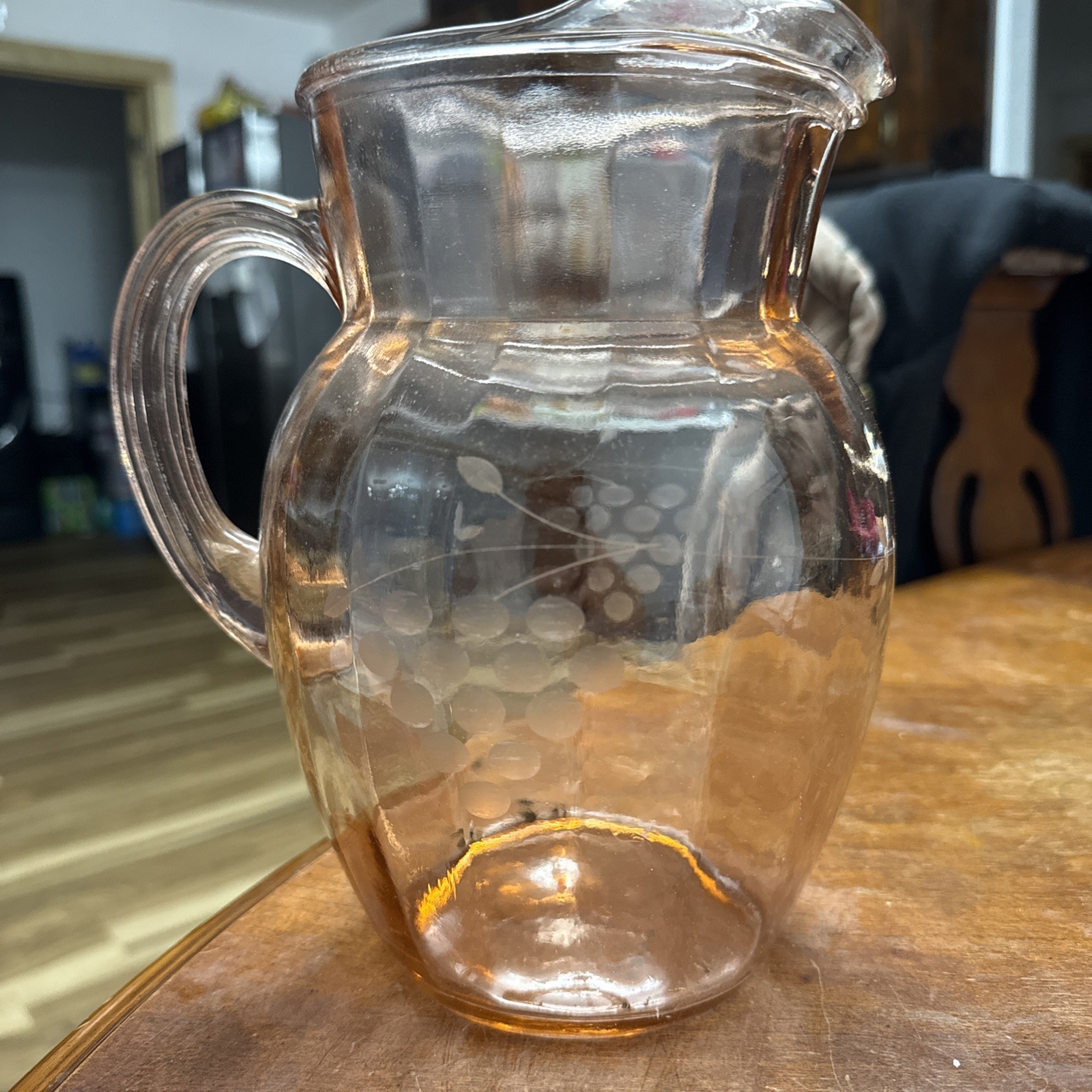 Vintage Etched Grapes Pink Depression Glass Optic Rib Pitcher w/ Ice Guard 9.5"