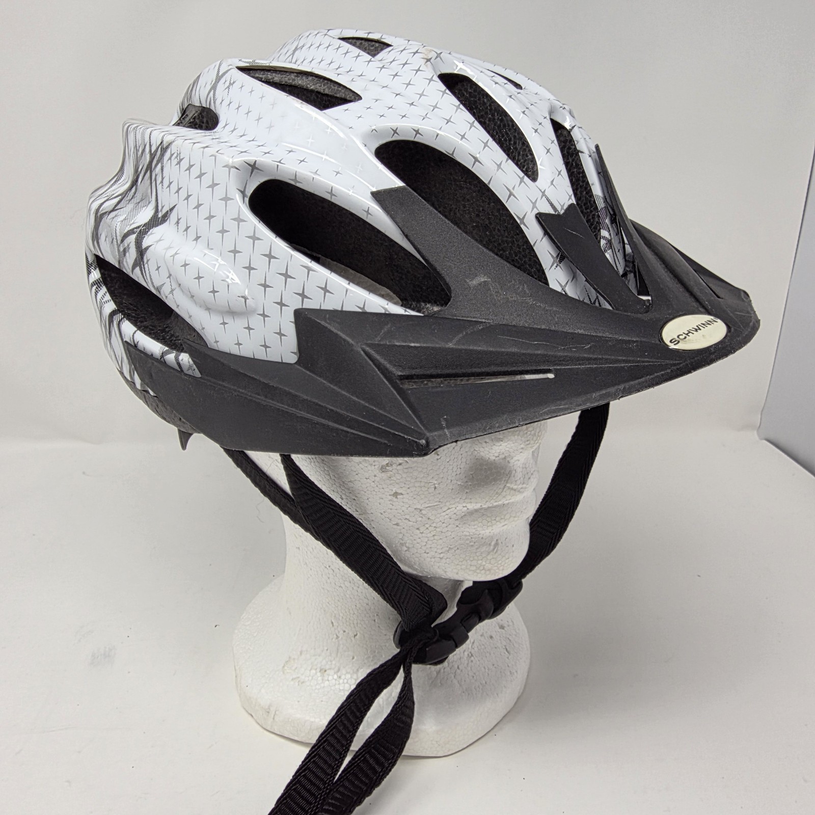 Schwinn Adult Adjustable Dial Fit Bicycle Helmet White Black Silver Stars CPSC
