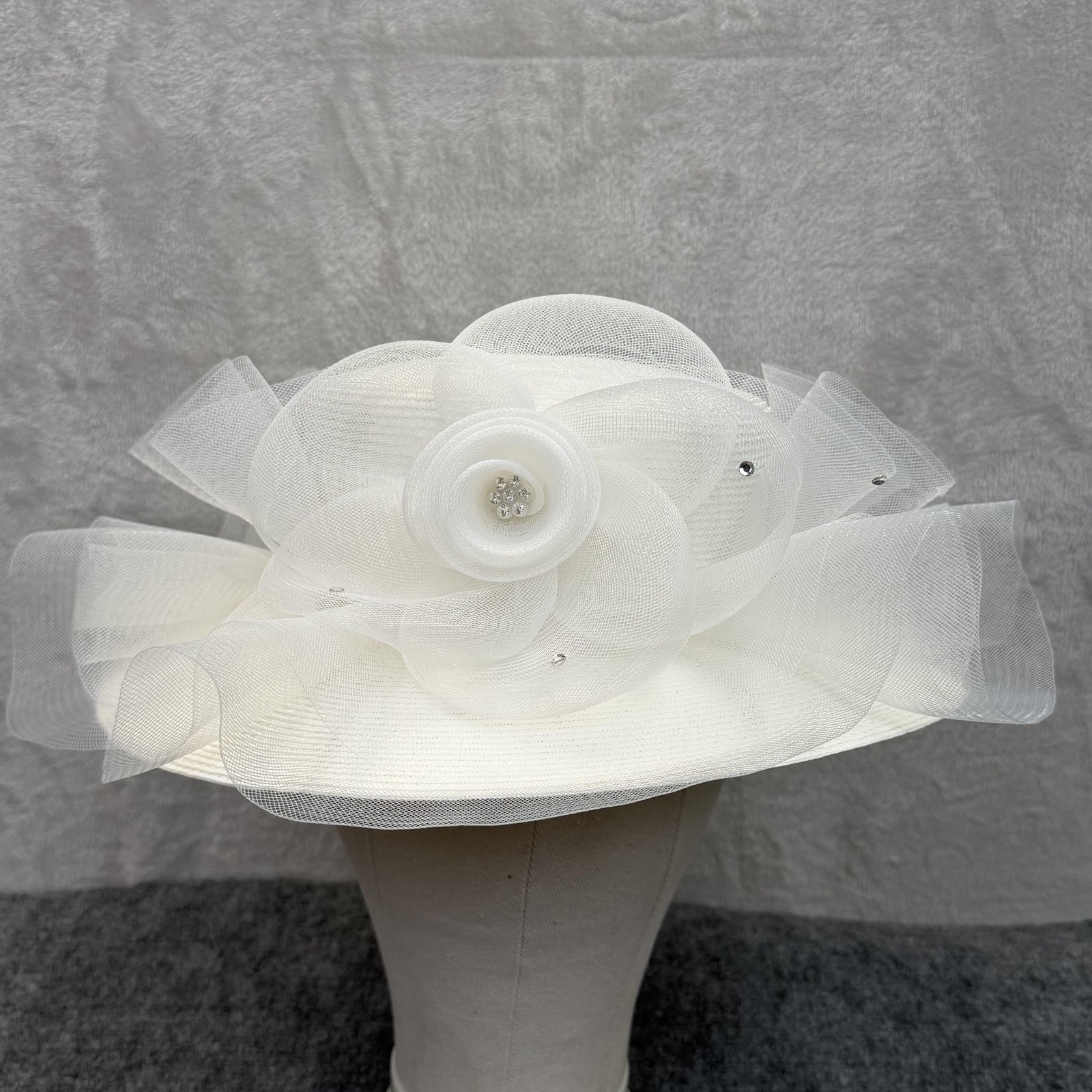 VTG Mr. Hi's Hat Womens White Tulle Wide Brim Rhinestone Derby Church Wedding