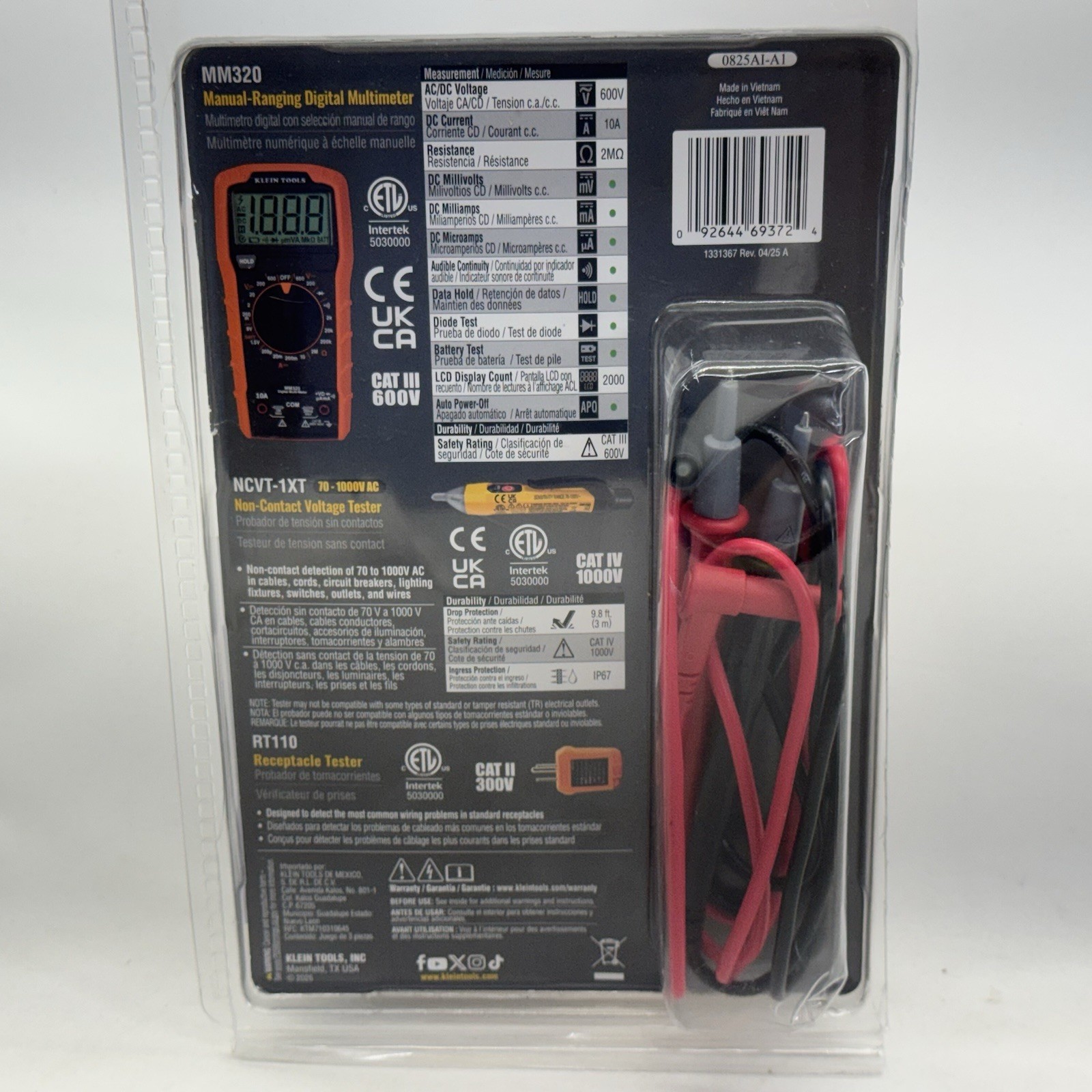 Klein Tools 69149P Electrical Test Kit MM320 Multimeter NCVT1XT Tester 600V