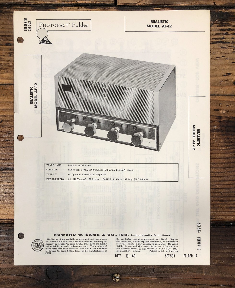 Realistic AF-12 Amplifier Sams Photofact Manual *Original*