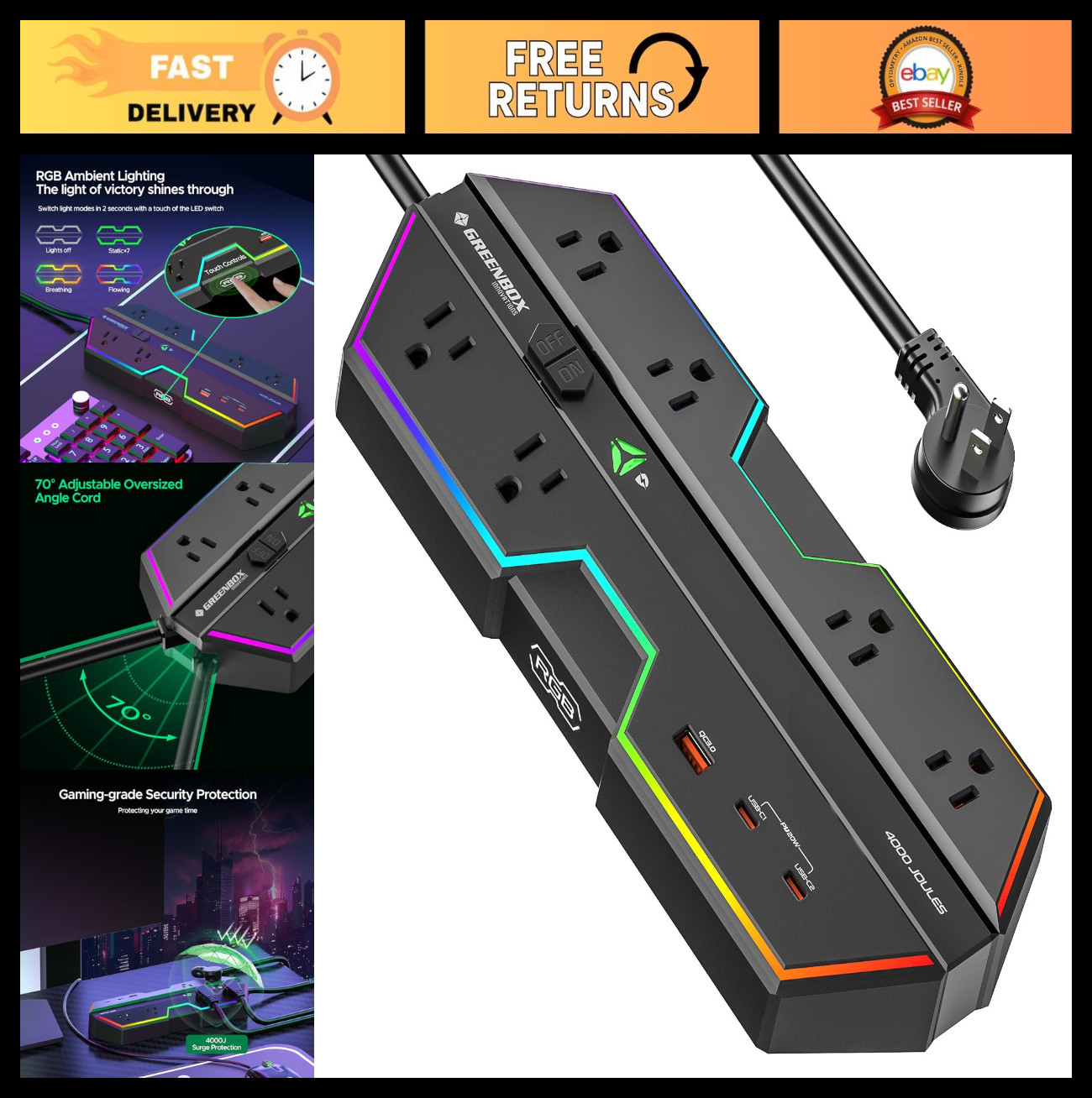 4000J Surge Protector Power Strip, 6 Outlets & USB Ports, RGB Lights, PD 20W Fas