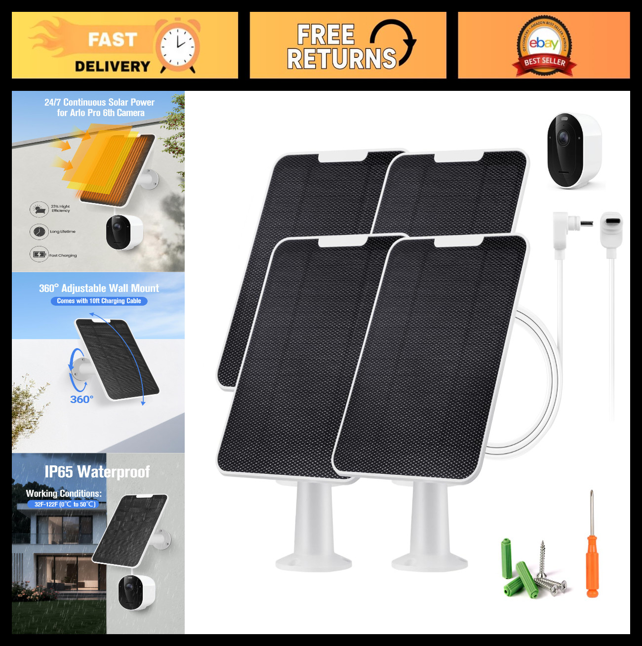 Solar Panel Charger for Arlo Pro 6/6 XL - 6V 5W, Weatherproof, USB-C, 9.8ft Cabl