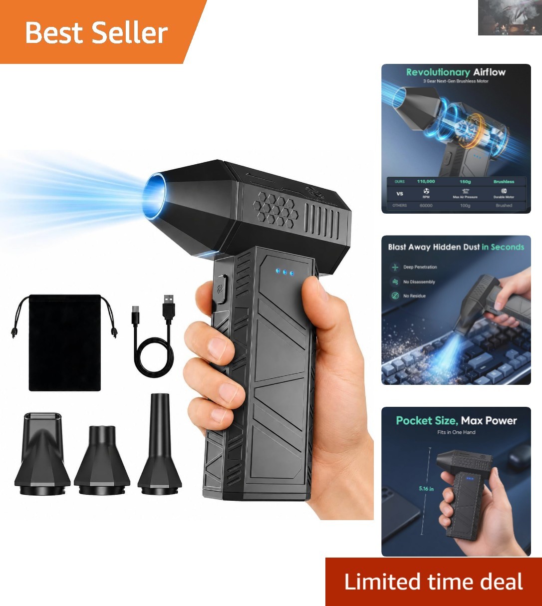 Portable 110,000 RPM Air Blower - 3-Speed Rechargeable Duster for Electronics