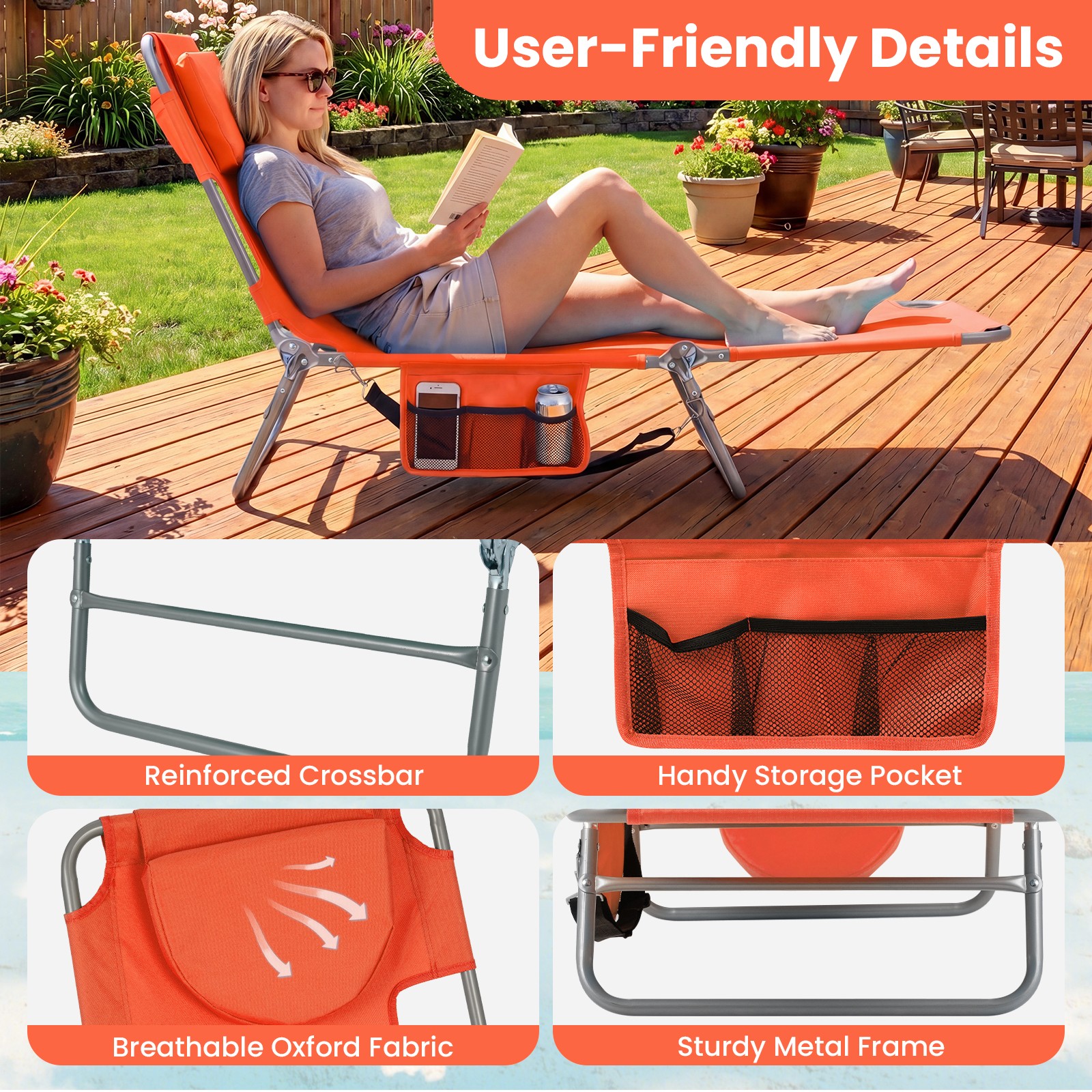 2PCS Tanning Chair,Folding Beach Lounge Chair w/5-Position Adjustable Backrest
