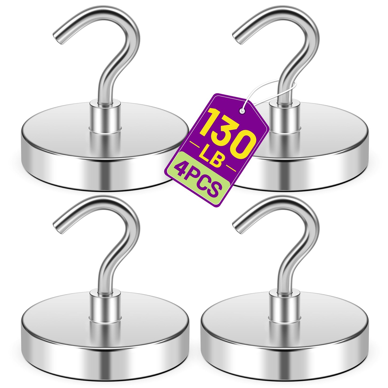 Magnetic Hooks, 4 Pack 130 LB+ Magnet Hooks for Hanging, Silver