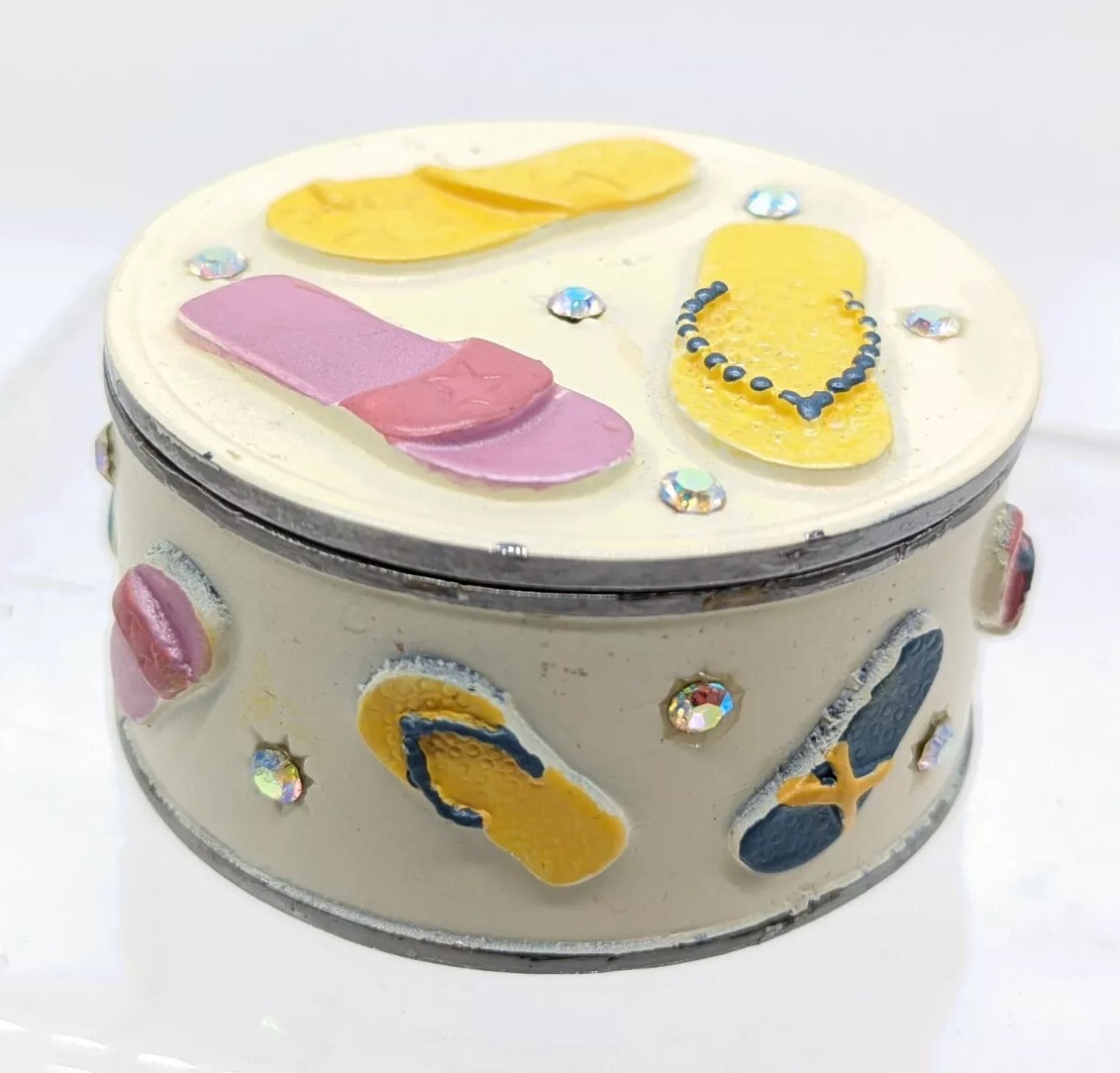 Heavy Quality Beach Flipflops Enameled Trinket Box Metal Inlaid w Clear Crystals