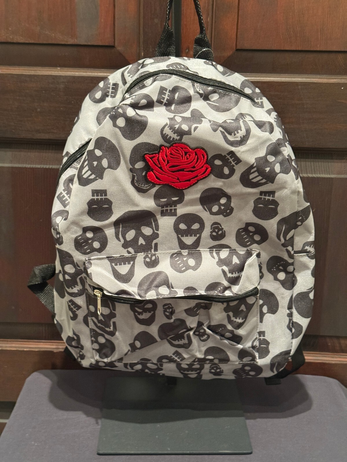 Gray Skull Print Backpack with Red Rose Patch--- NWOT