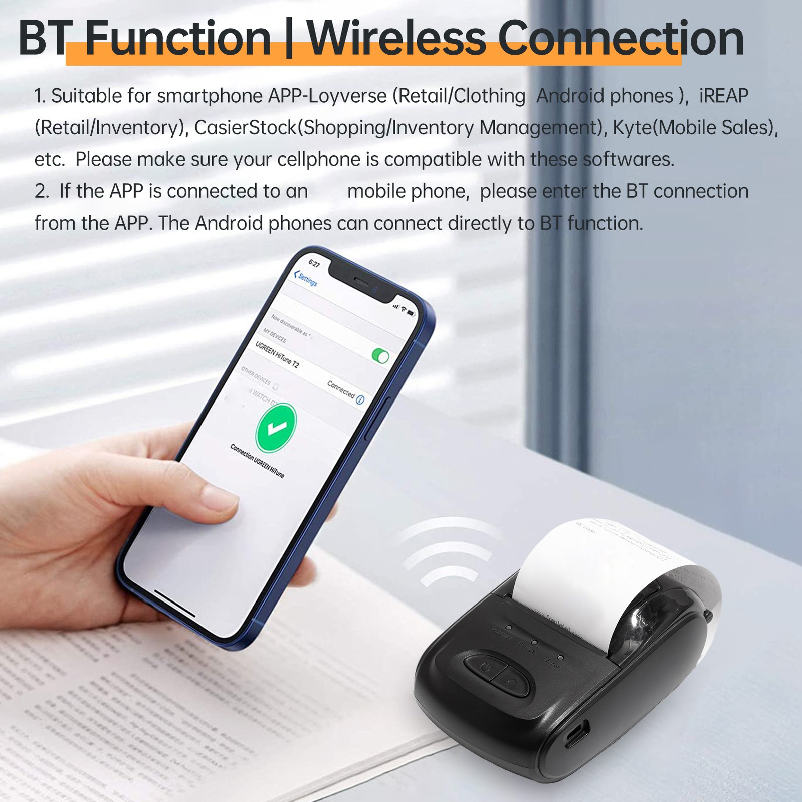 Receipt Printer Portable 58mm Mobile Thermal Printer Wireless BT Mini CHU