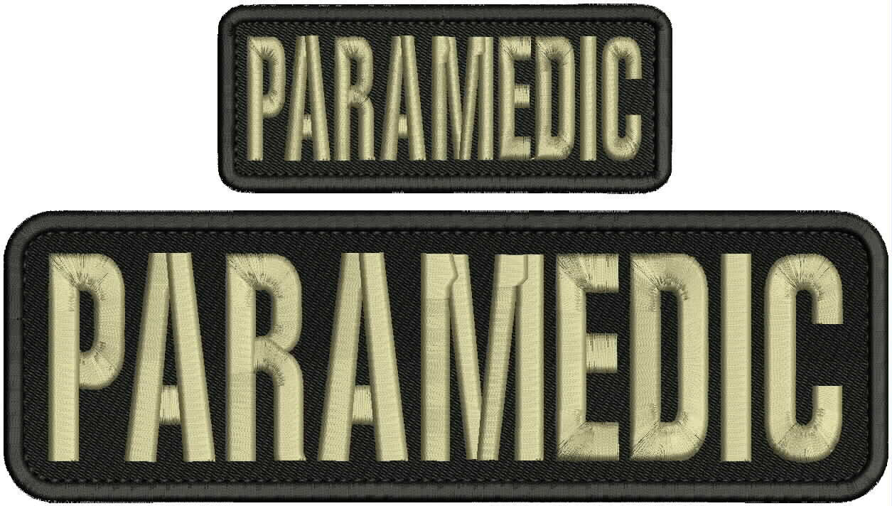 PARAMEDIC EMBROIDERY PATCH 3X10 AND 2X5 VELCR@ ON BACK  COYOTE TAN  ON BLACK