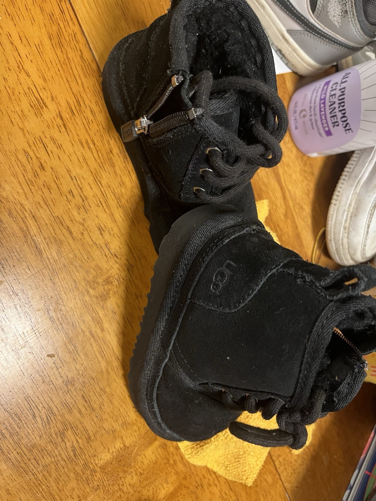 UGG Black Suede Ankle Bootie for Unisex Kids, Lace Up & Zip, Faux Fur Lined