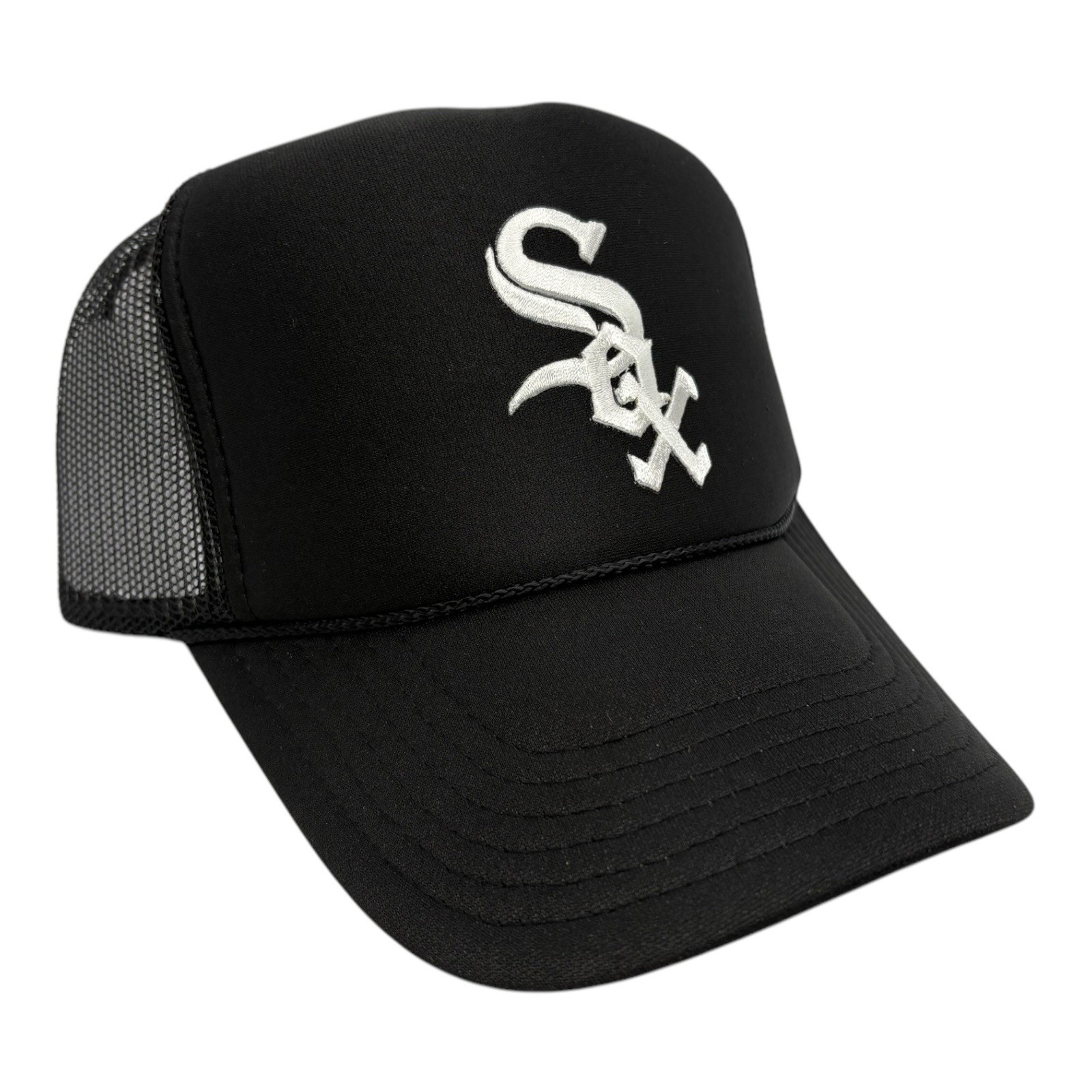 NEW CHICAGO WHITE SOX BLACK CAP HAT 5 PANEL HIGH CROWN TRUCKER SNAPBACK VTG