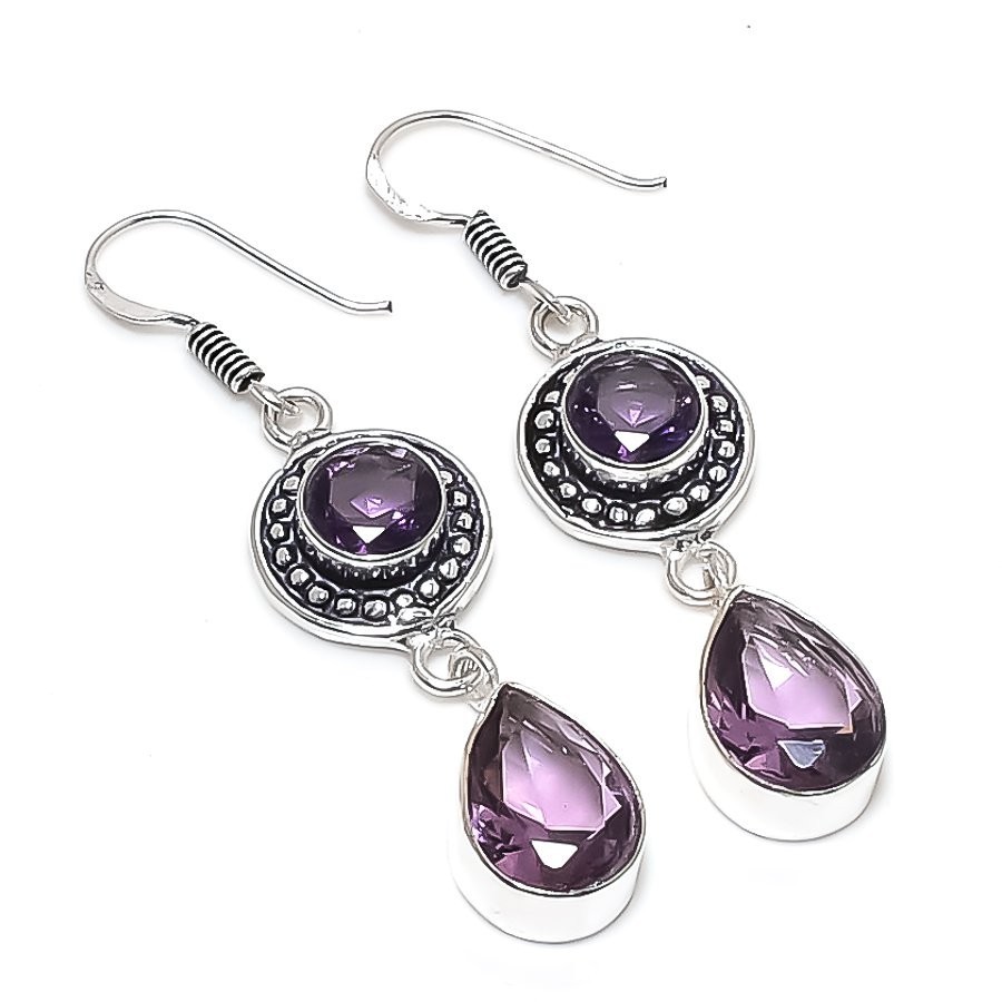 Purple Amethyst Gemstone Handmade 925 Sterling Silver Jewelry Earrings Size 2.2"