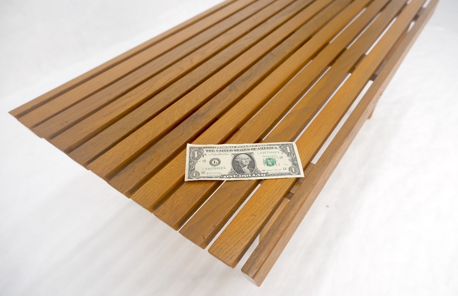 Modern Light Golden Solid Oak Slat Bench Turned Legs Lacquer Finish USA