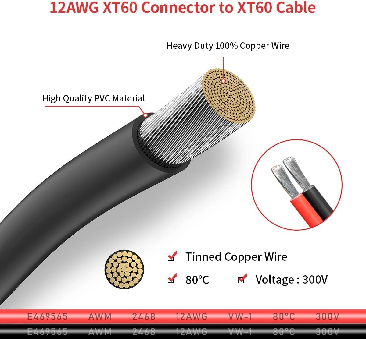 2FT XT60 Extension Cable - High-Quality Tinned Copper Connector for RC Battery