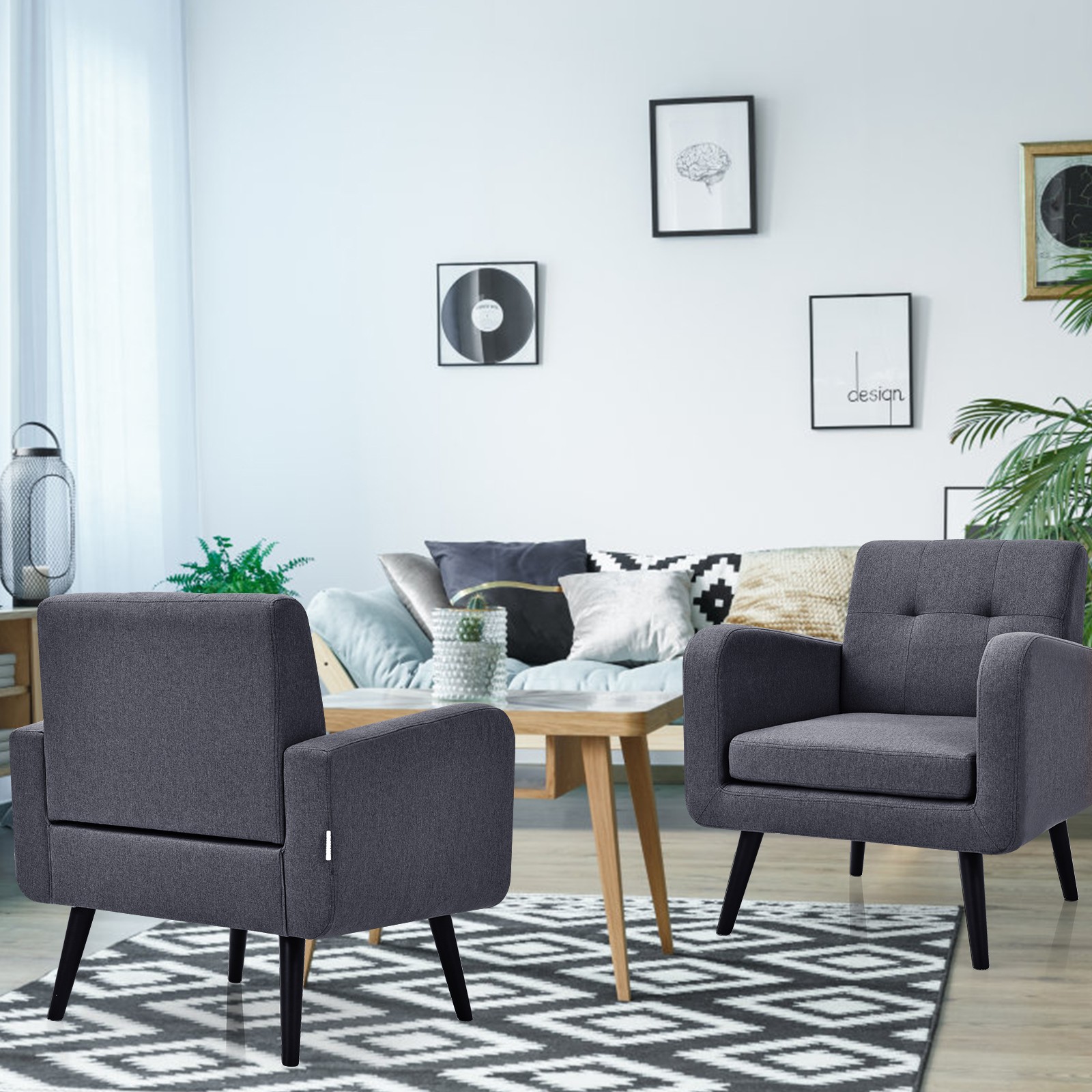 Costway Set of 2 Mid Century Accent Chair Upholstered Arm Chair Single Sofa Grey
