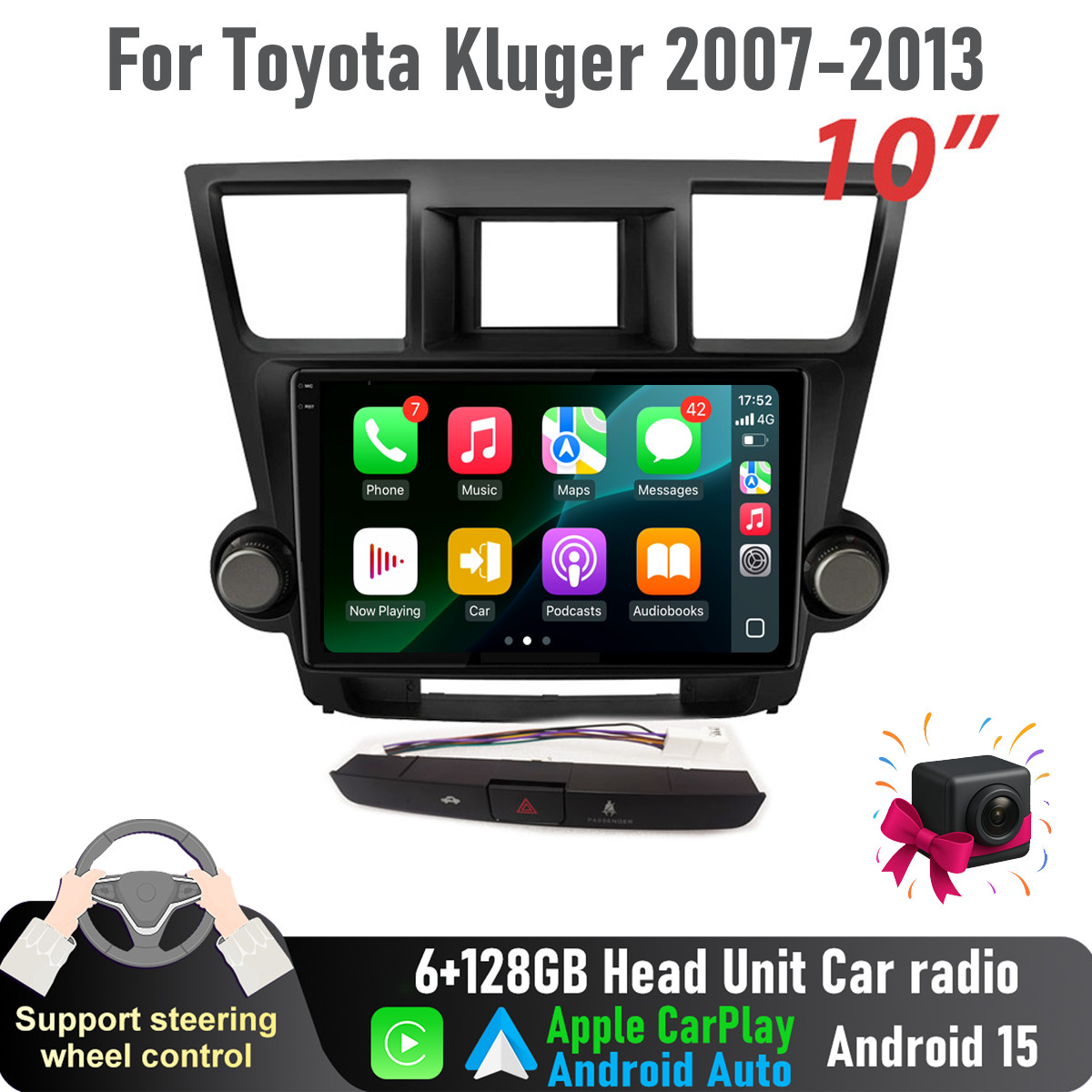 10'' Apple CarPlay 6+128GB Auto Head Unit Car radio For Toyota Kluger 2007-2013