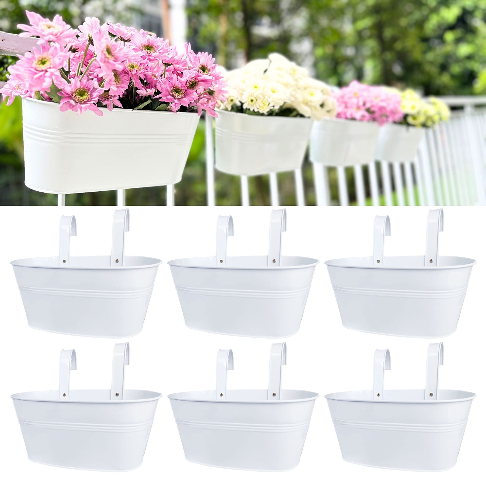 Outdoor Metal Rail Planters 6 Pack  11.8 Inch Wall Mount Flower Pots