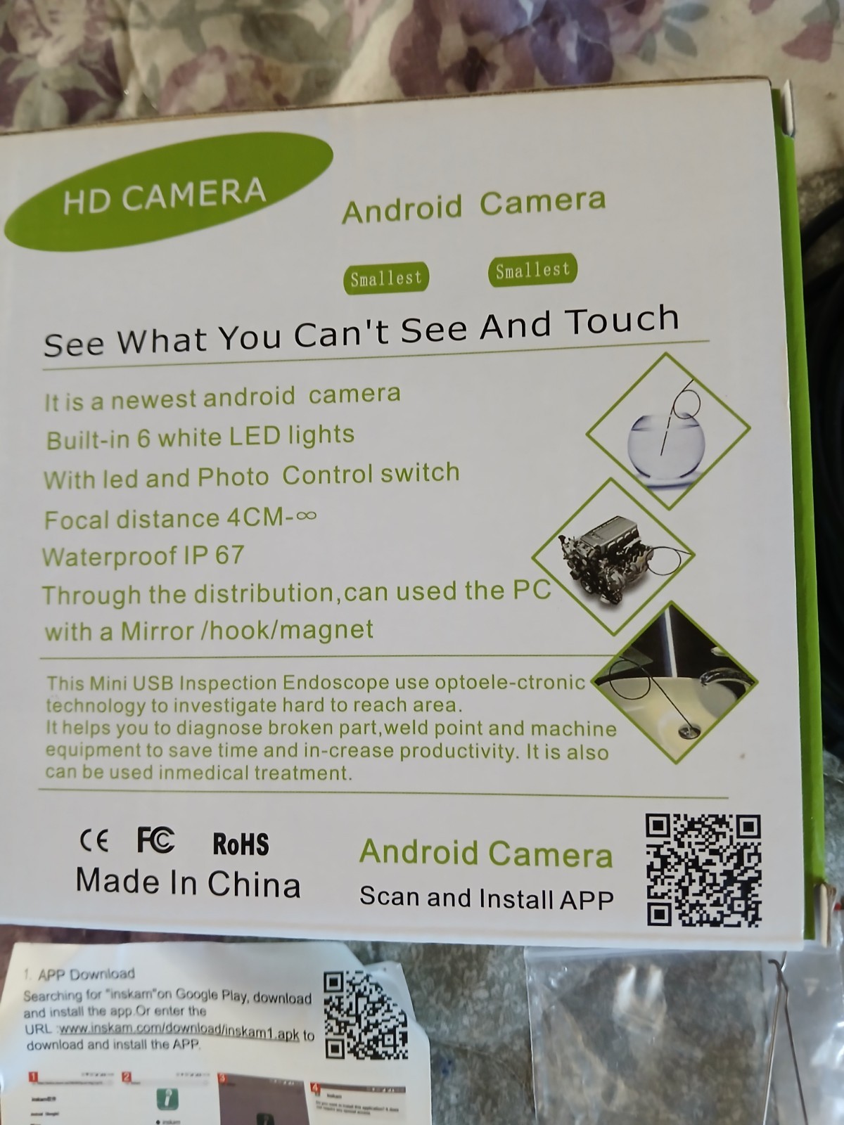 Borescope for Android HD Camera 6 White LED Lights Mini Endoscope 16 Foot Long