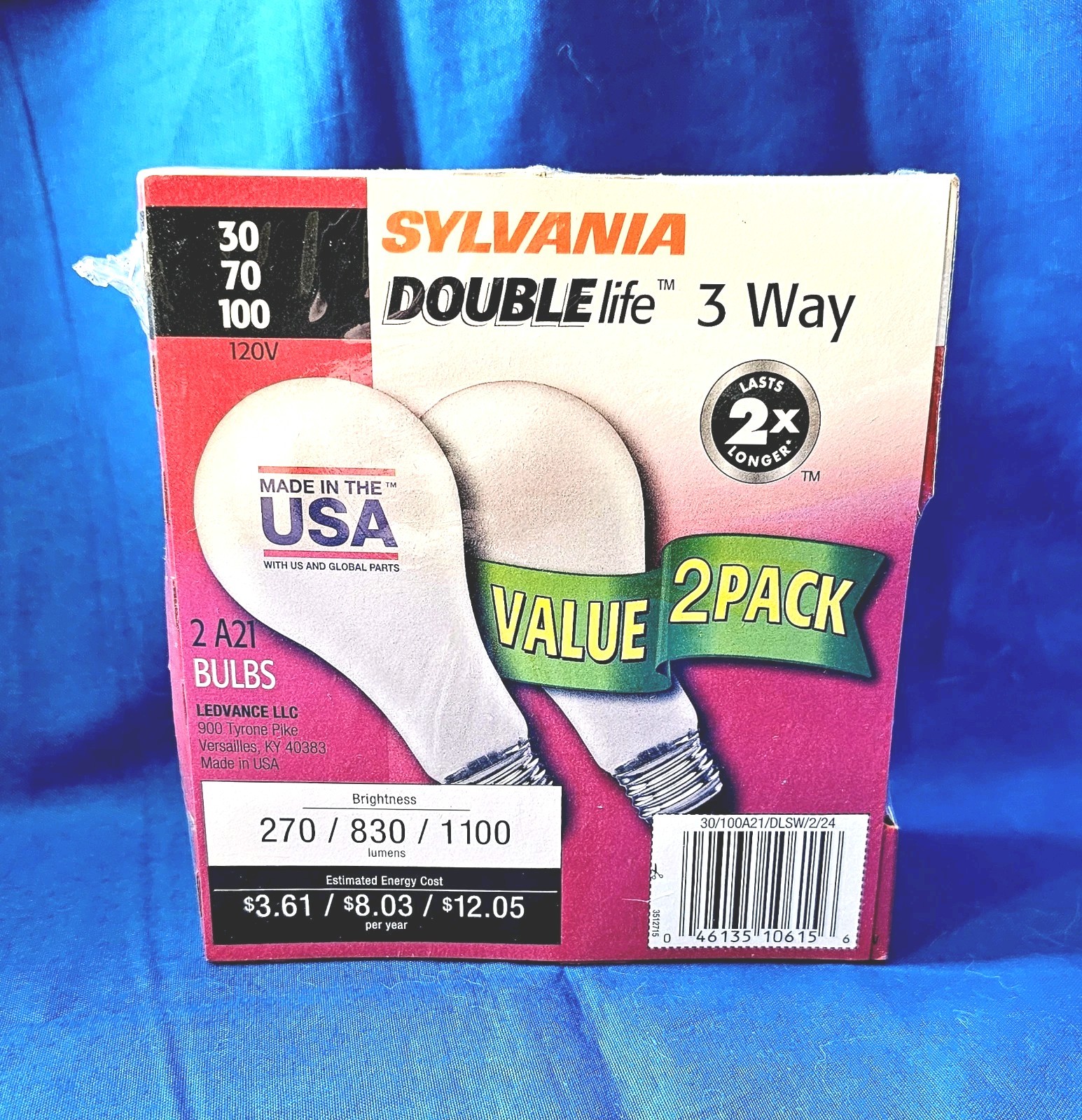 (2 Pk) Sylvania 3 Way Light Bulbs 30/70/100 Watt NEW Double Life A21 Sealed NOS