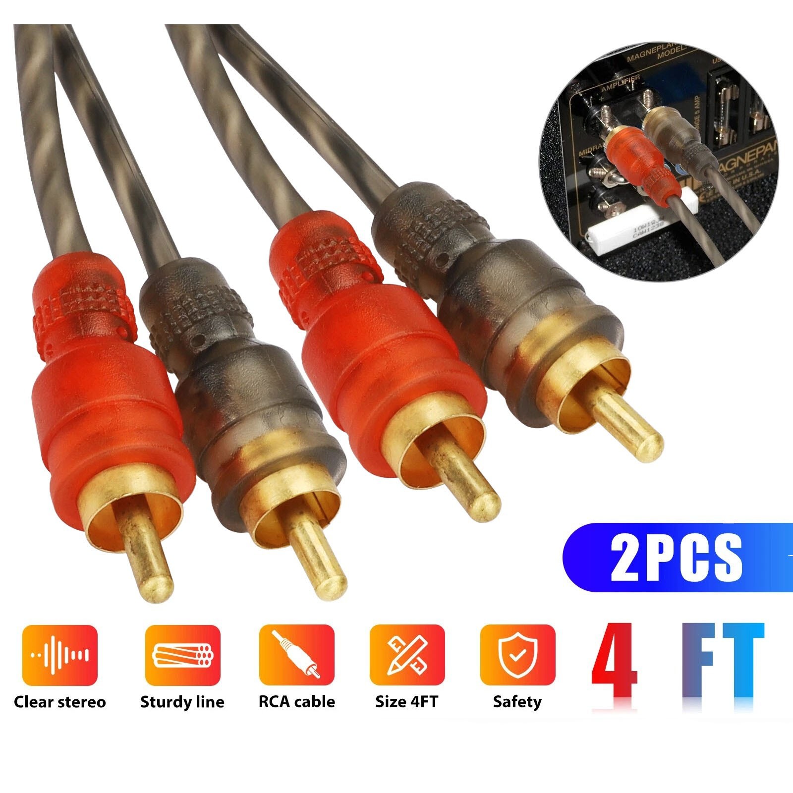 High Quality 2PCS RCA Cables 2 Channel Twisted 4Ft Shielded Interconnect New