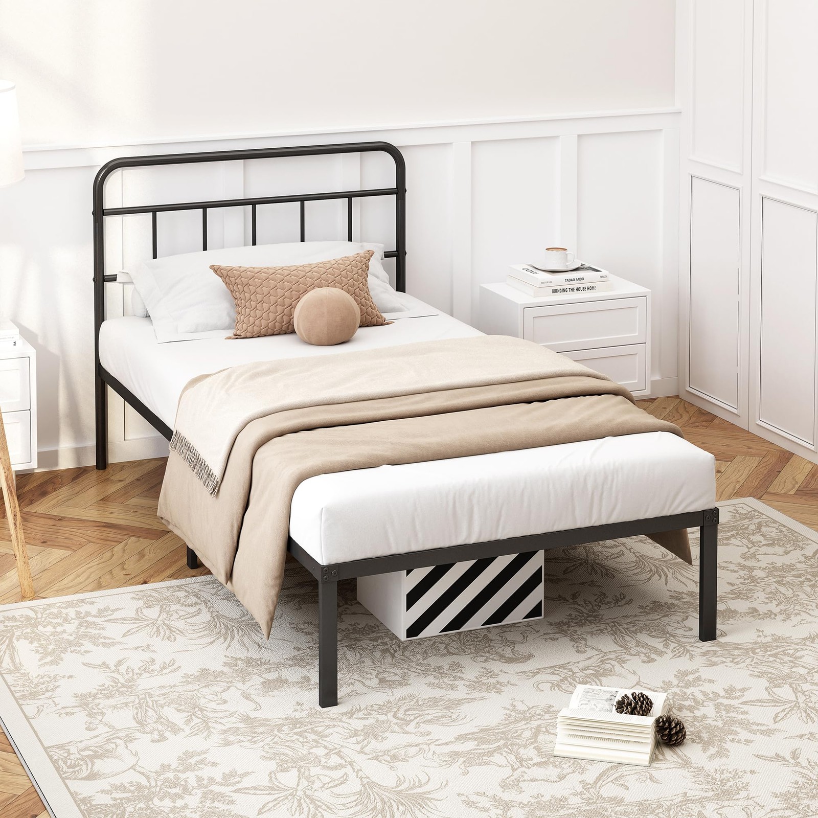 Twin Size Metal Bed Frame with Headboard, Platform Base, Black