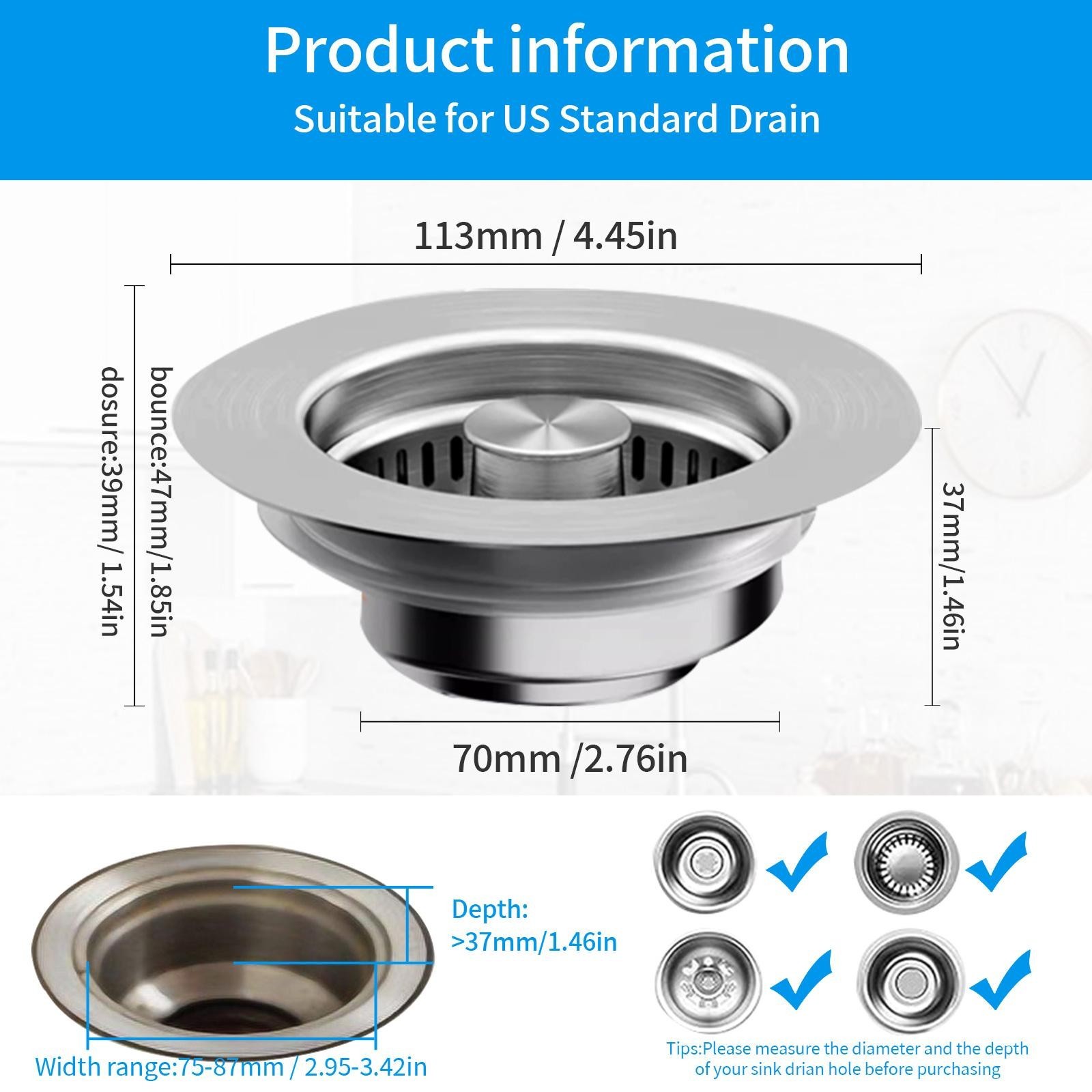 3-in-1 Kitchen Sink Drain Kit All-Metal SUS304 Strainer Stopper