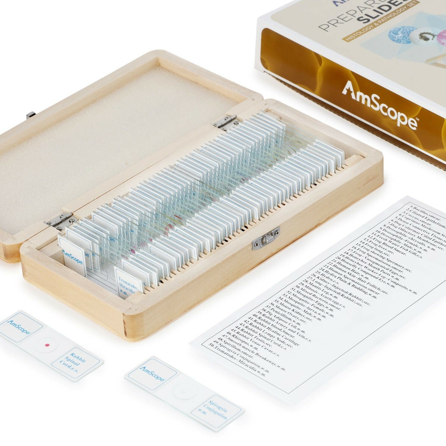 Amscope 50pc Prepared Microscope Histology & Pathology Slide Specimens+Wood Case