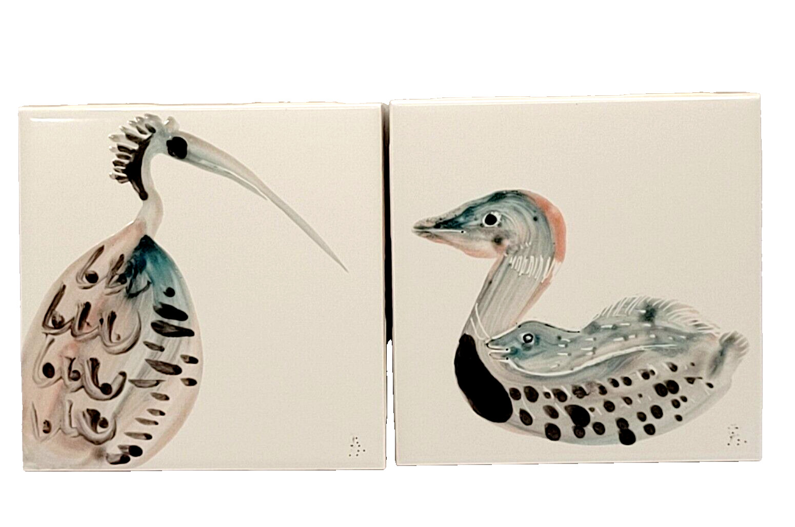 Artisan Hand Painted Ceramic Glazed Square Tiles Abstract Water Bird Duck OOAK