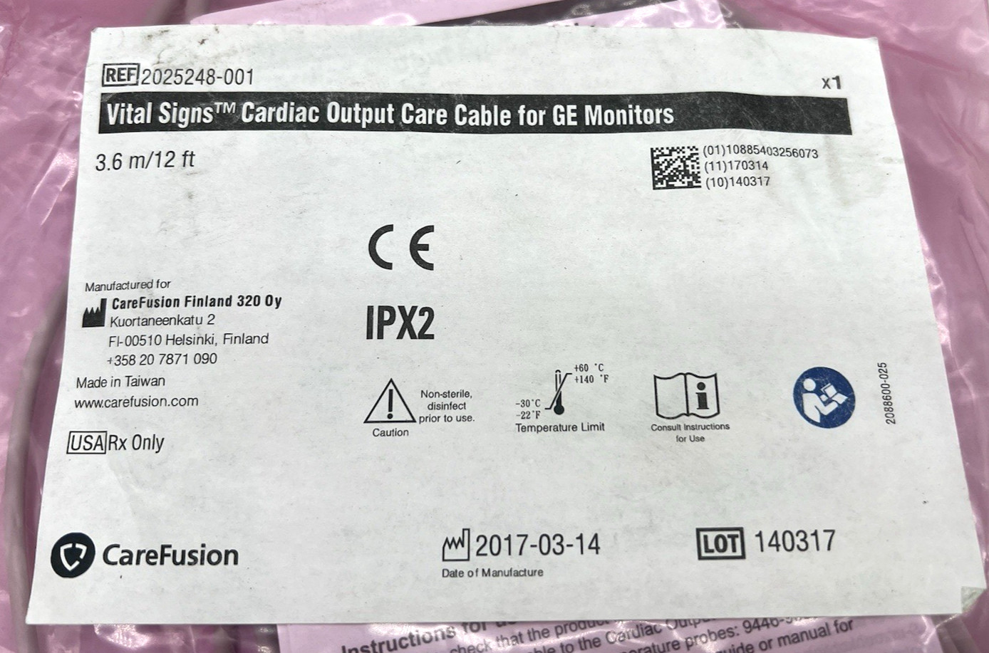 Carefusion Vital Signs 2025248-001 Cardiac output care cable for GE monitors 12f