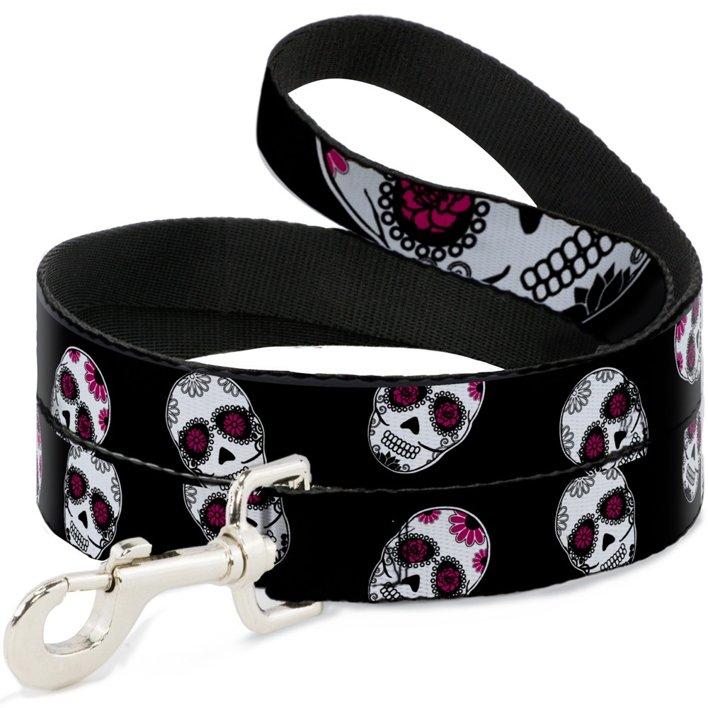 Dog Leash Staggered Sugar Skulls Black/White/Pink