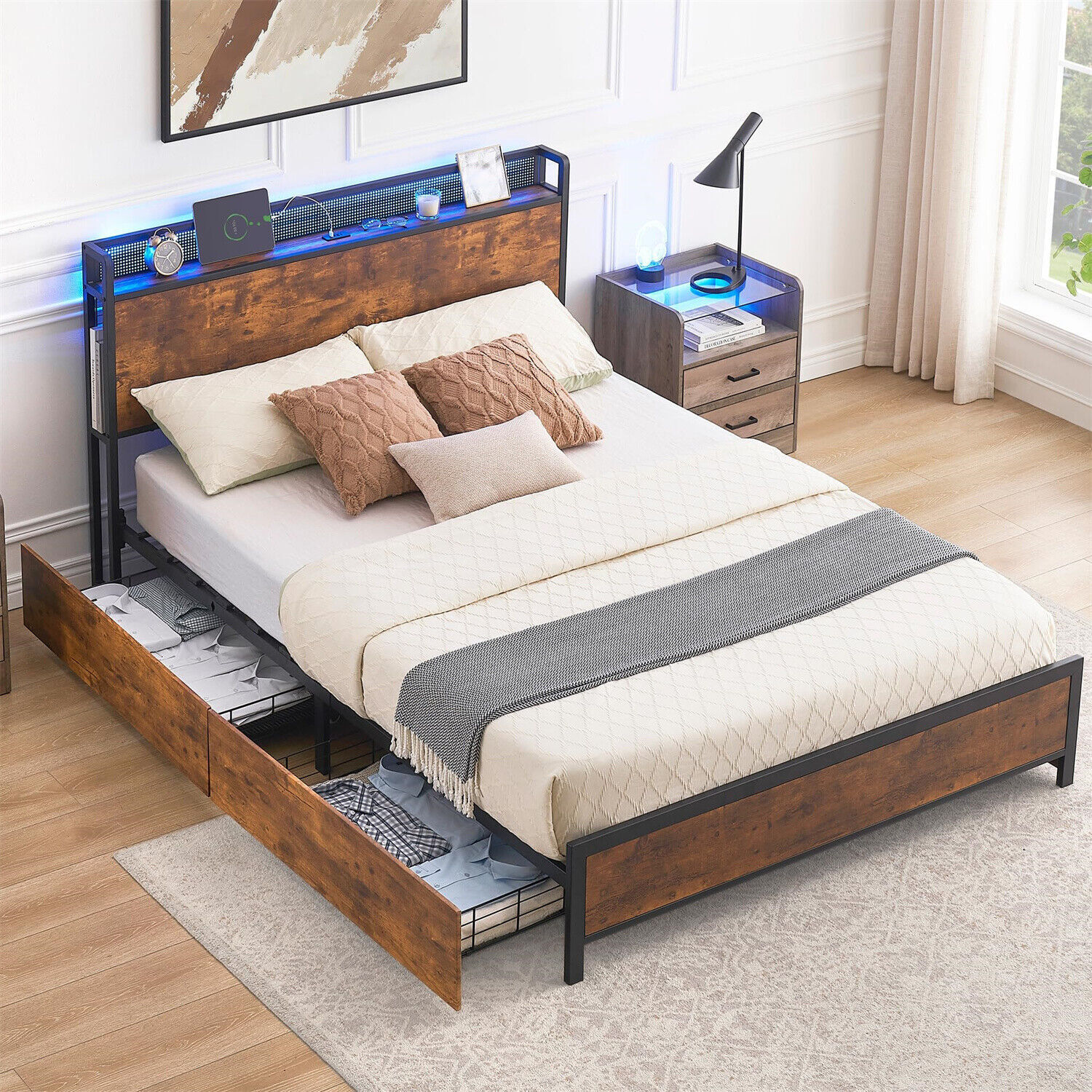 Full Bed Frame with 4 Storage Drawers Metal Platform Bed Frame Headboard W/LED