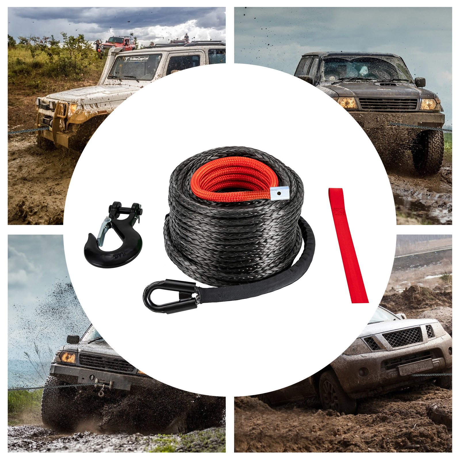 3/8"x100' Synthetic Winch Rope w/Hook for 4WD Off-Road Vehicle Truck ATV UTV SUV