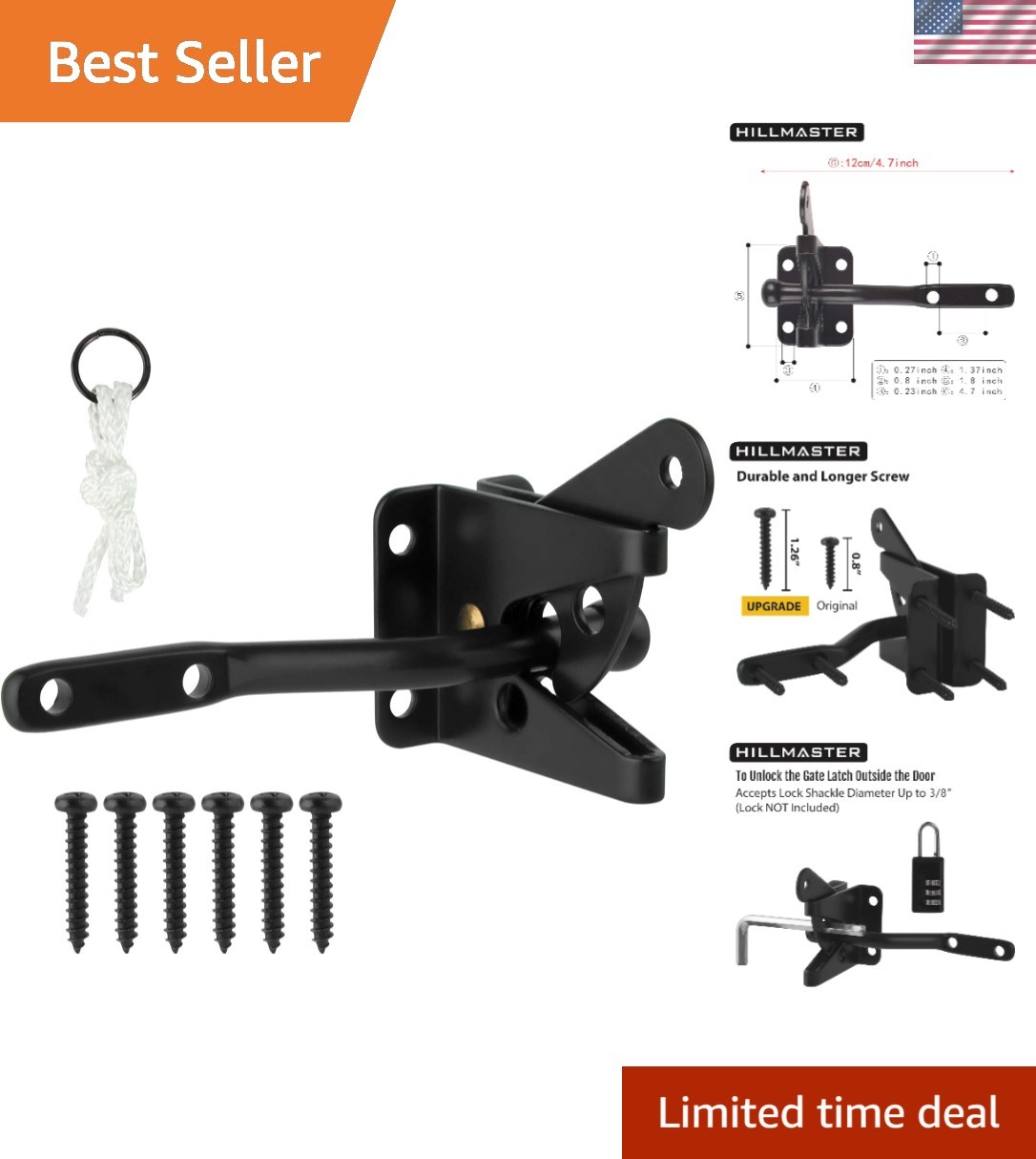 Heavy-Duty Self-Locking Gate Latch for Secure Pool & Garden | 4.7in Black Finish