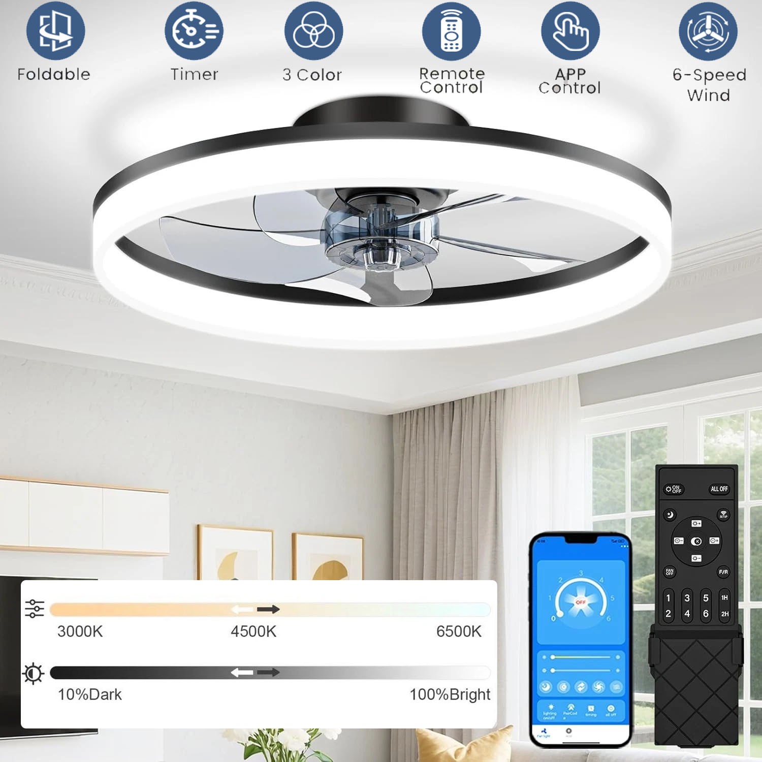 20" Modern Fan Lights Flush Mount LED Ceiling Light kit With Remote APP Control