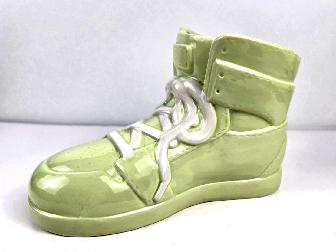 NEW Ceramic High-Top Sneaker Planter Light Green White Laces