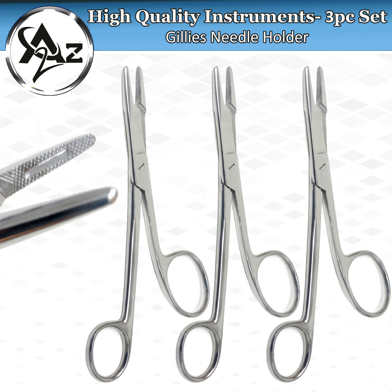 3pc Gillies Suture Needle Holder Surgical Dental Instrument 6.5" Stainless Steel
