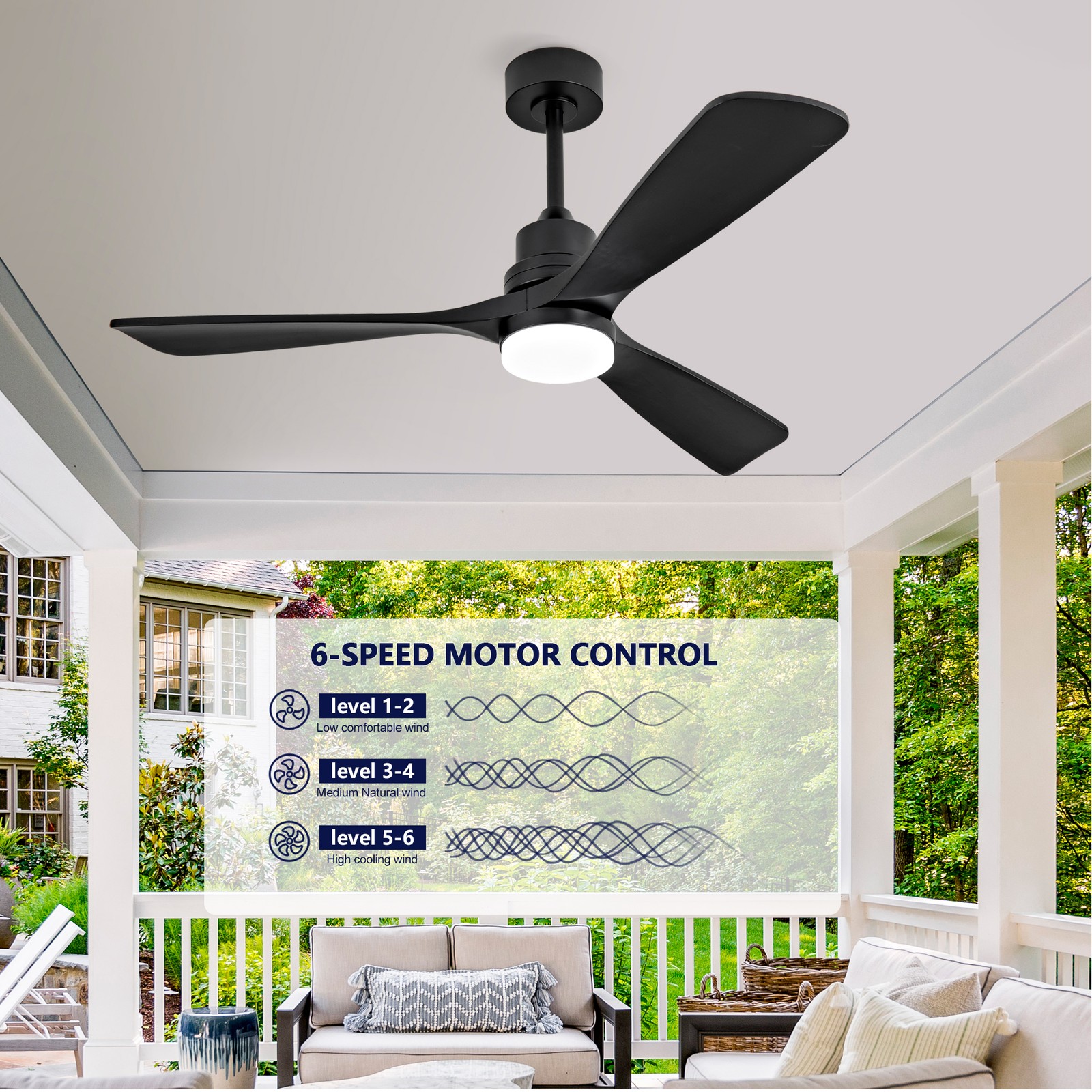 52" Modern Black Ceiling Fan With Light 3 Solid Wood Blades Remote Control