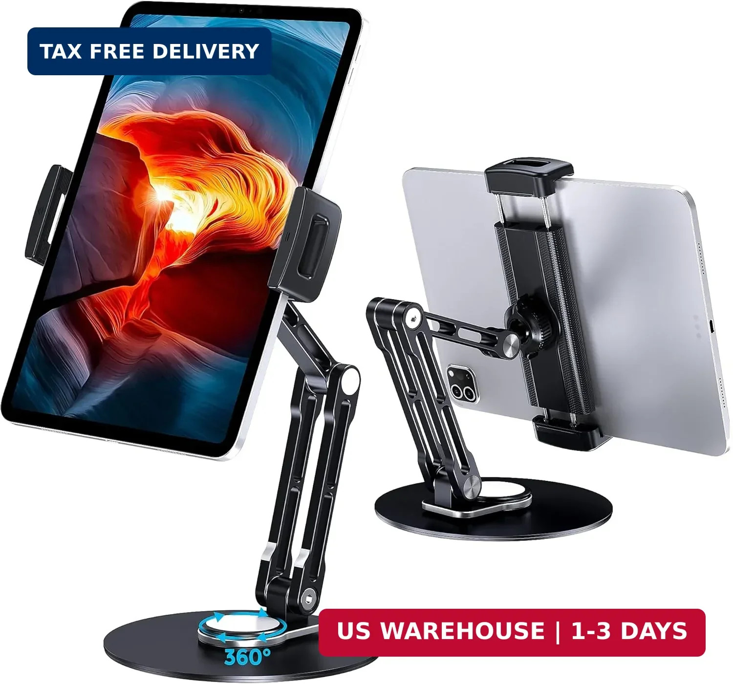 Tablet Stand Holder for iPad, Adjustable with 360 Rotating Base for Desk, Alumin