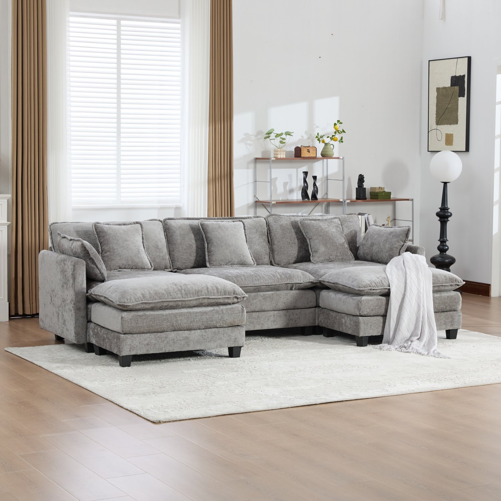 3-Seat Sectional Sofa Cloud Couch, Gray Chenille Fabric Medium-Soft
