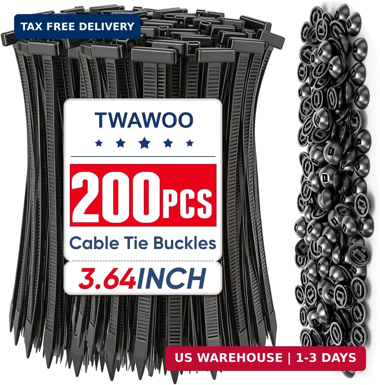 TEAWOO 200 Pcs Nylon Universal Cable Tie Buckles, High-Strength Self-Locking Zip
